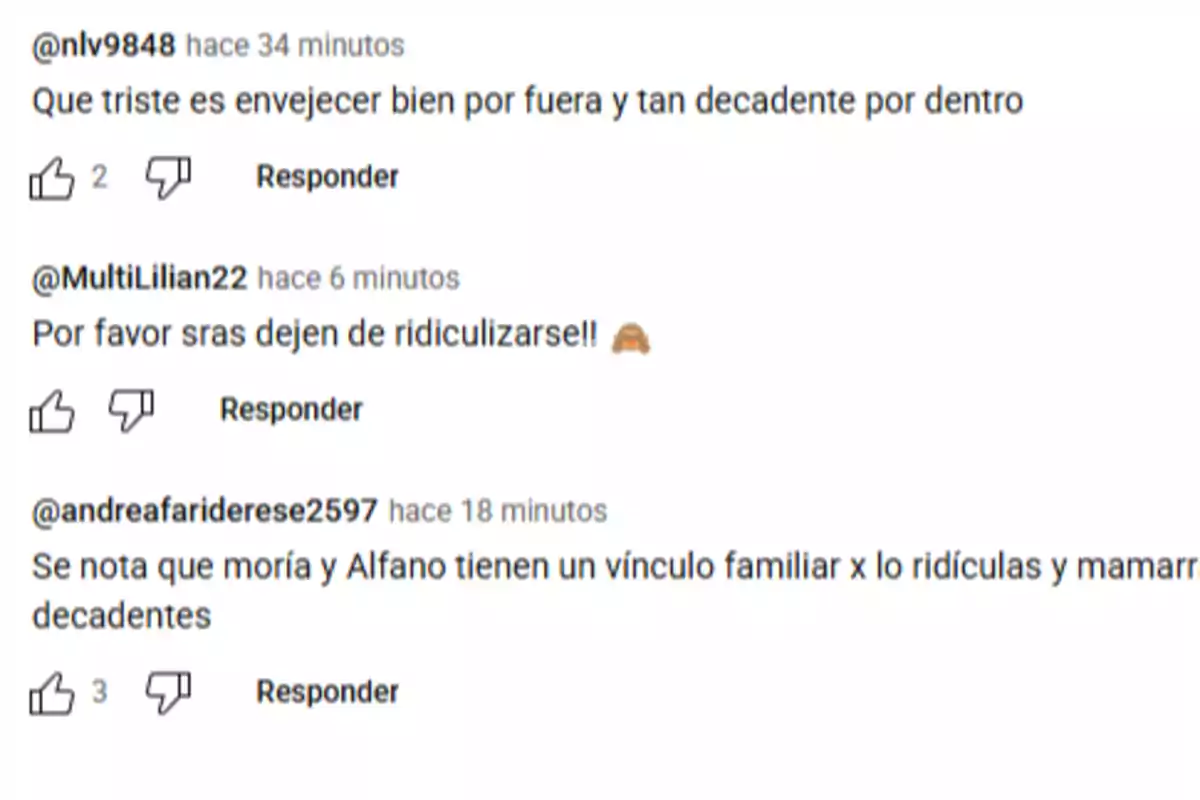Screenshot of three comments on a social network where users criticize and mock other people, mentioning aging, ridiculousness, and making negative comparisons. Screenshot of three comments on a social network where users criticize and mock other people, mentioning aging, ridiculousness, and making negative comparisons.