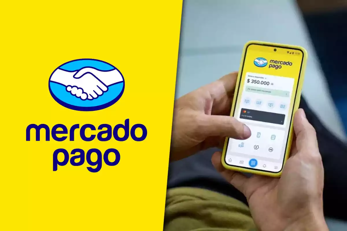 Persona usando la aplicación de Mercado Pago en un teléfono móvil junto al logotipo de la marca sobre fondo amarillo