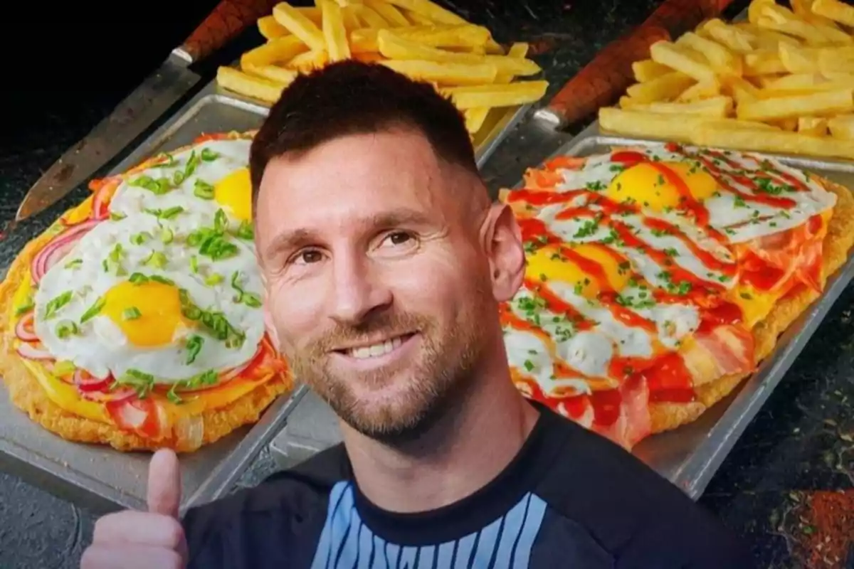 A smiling man with a thumbs up in front of two trays of Neapolitan milanesas with French fries and fried eggs