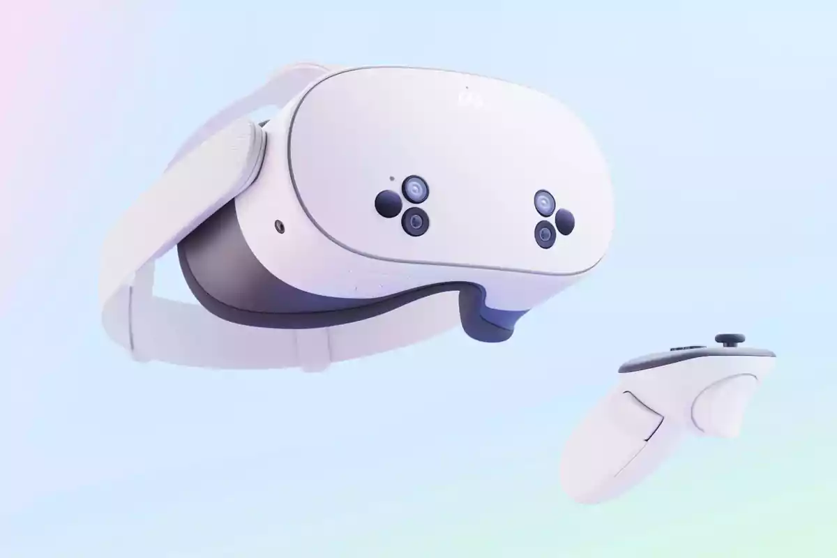 White virtual reality headset with a controller floating over a blue and pink gradient background White virtual reality headset with a controller floating over a blue and pink gradient background