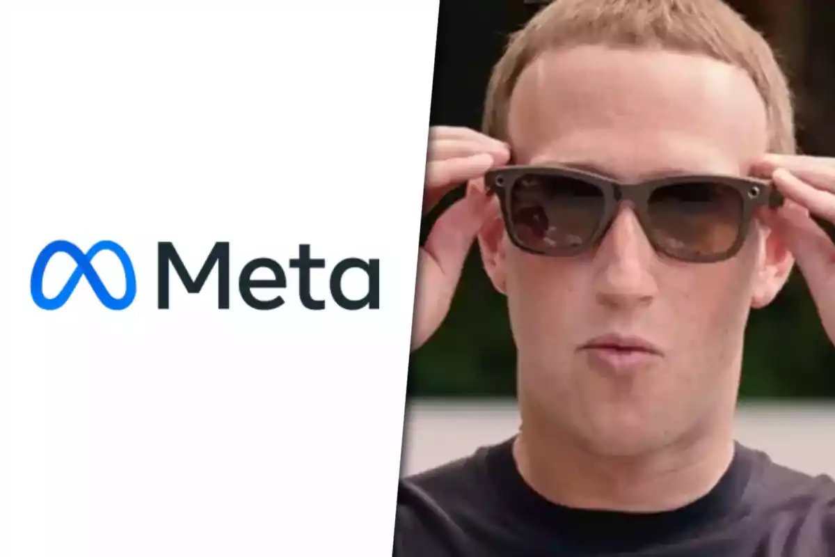 Meta logo next to a person wearing sunglasses