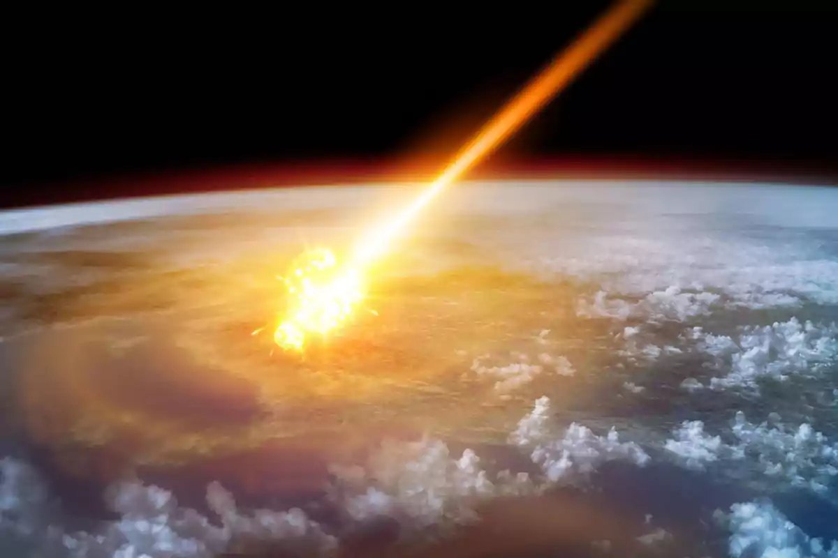Impact of a meteorite entering Earth's atmosphere with a bright explosion above the clouds Impact of a meteorite entering Earth's atmosphere with a bright explosion above the clouds