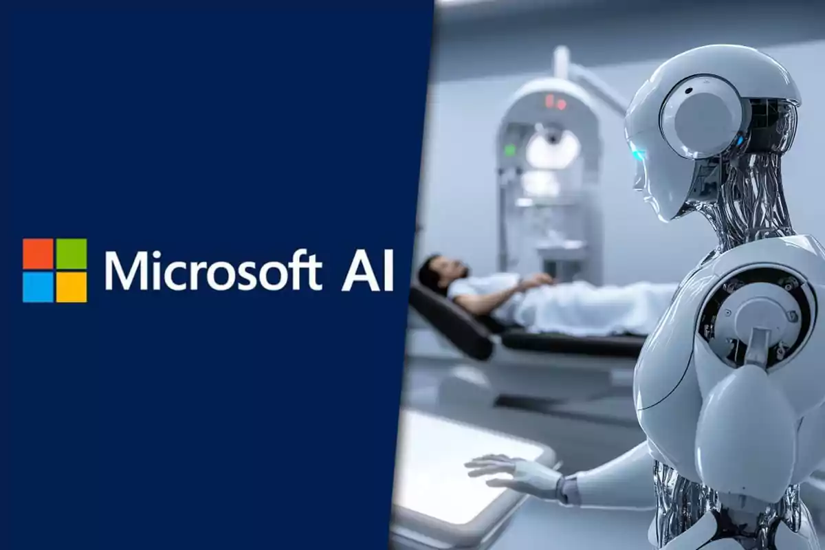 Logo de Microsoft AI junto a un robot en un entorno médico con una persona acostada en una camilla