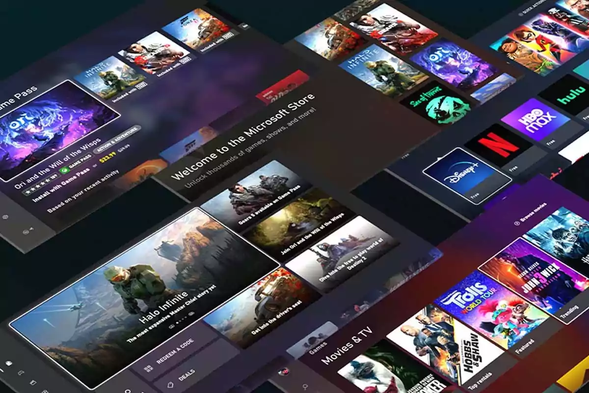 Interfaz de la tienda digital de Microsoft mostrando videojuegos, películas y aplicaciones de streaming populares Interfaz de la tienda digital de Microsoft mostrando videojuegos, películas y aplicaciones de streaming populares
