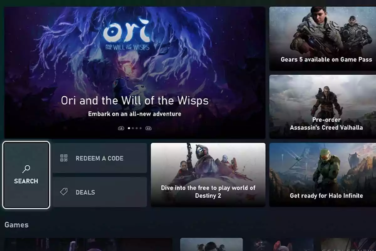 Interfaz de una tienda digital de videojuegos mostrando títulos destacados como Ori and the Will of the Wisps, Gears 5, Assassin's Creed Valhalla, Destiny 2 y Halo Infinite junto a opciones de búsqueda, canje de códigos y ofertas. Interfaz de una tienda digital de videojuegos mostrando títulos destacados como Ori and the Will of the Wisps, Gears 5, Assassin's Creed Valhalla, Destiny 2 y Halo Infinite junto a opciones de búsqueda, canje de códigos y ofertas.