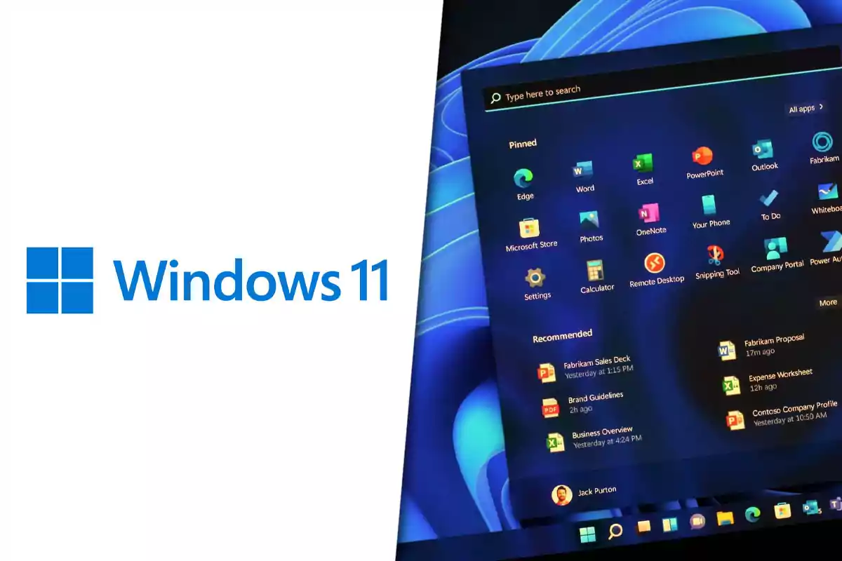 Windows 11 home screen with the open apps menu and the Windows 11 logo on the left