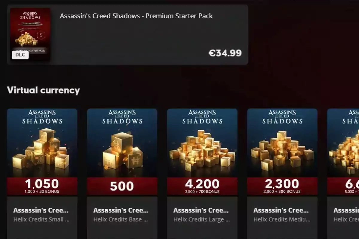 Imagen que muestra varias opciones de compra de créditos Helix para el juego Assassin's Creed Shadows, incluyendo diferentes paquetes de monedas virtuales y un paquete premium con su precio en euros. Imagen que muestra varias opciones de compra de créditos Helix para el juego Assassin's Creed Shadows, incluyendo diferentes paquetes de monedas virtuales y un paquete premium con su precio en euros.