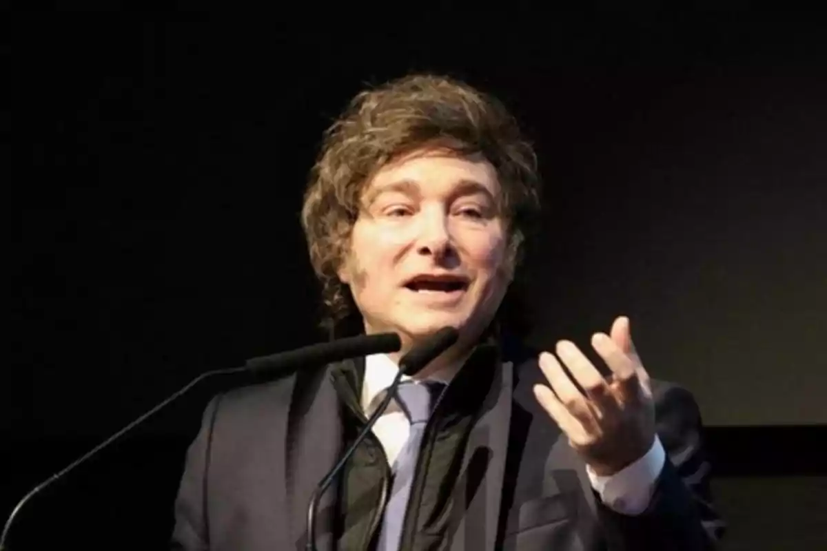 Hombre de cabello castaño y ondulado hablando frente a un micrófono con fondo oscuro Hombre de cabello castaño y ondulado hablando frente a un micrófono con fondo oscuro
