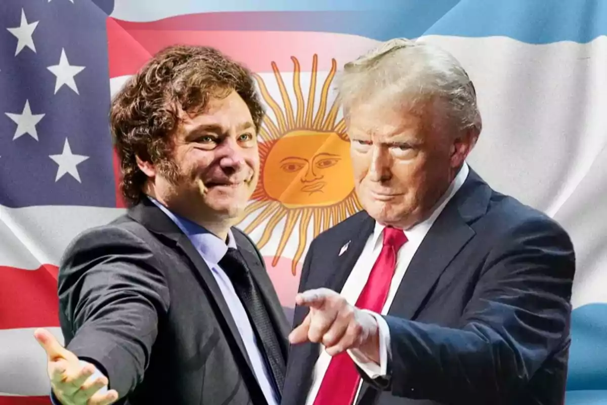 Dos hombres de traje posan frente a las banderas de Estados Unidos y Argentina entrelazadas Dos hombres de traje posan frente a las banderas de Estados Unidos y Argentina entrelazadas