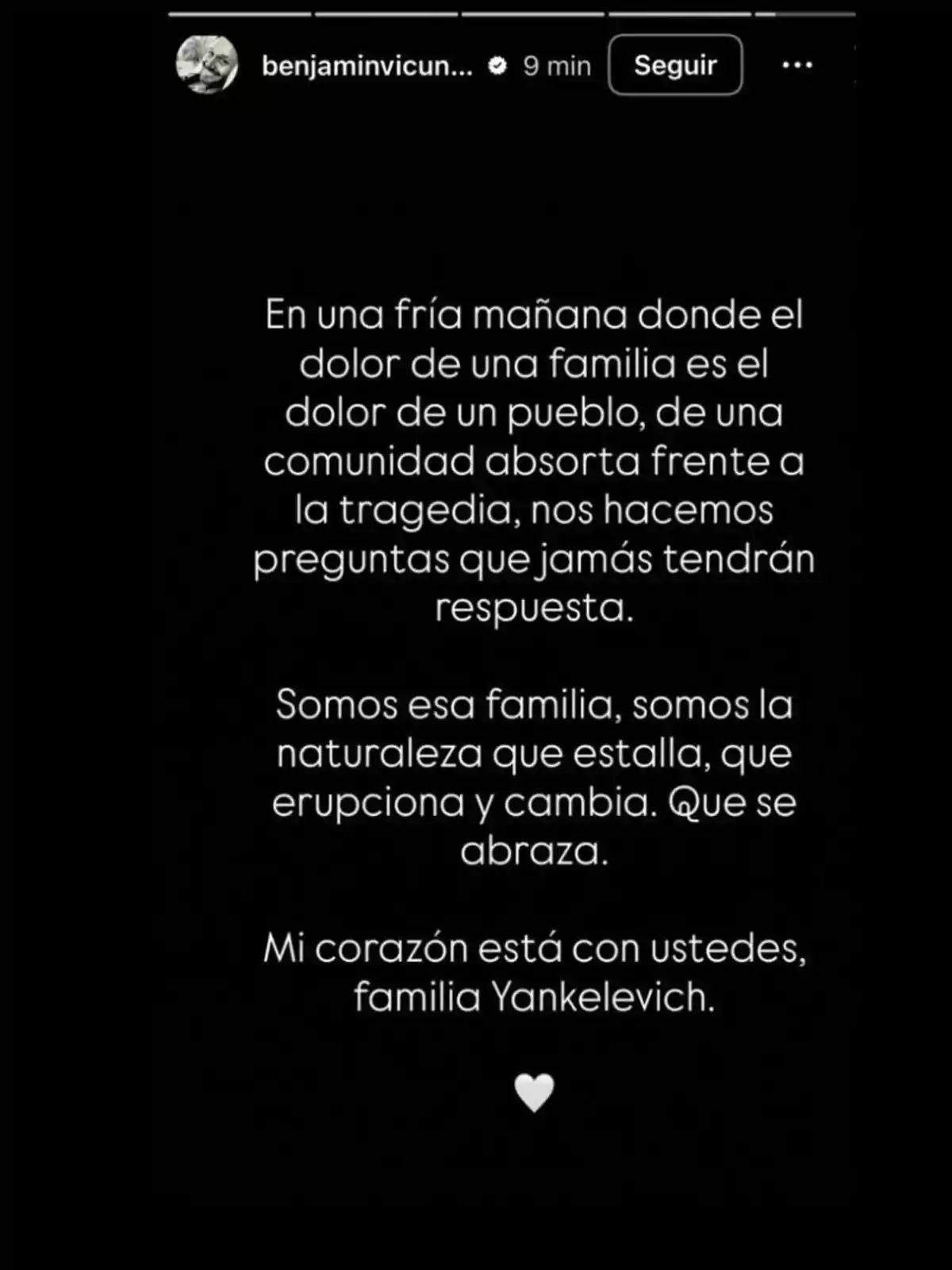 Instagram post with a black background and white text expressing condolences and support to the Yankelevich family in the face of a tragedy, accompanied by a white heart emoji. Instagram post with a black background and white text expressing condolences and support to the Yankelevich family in the face of a tragedy, accompanied by a white heart emoji.