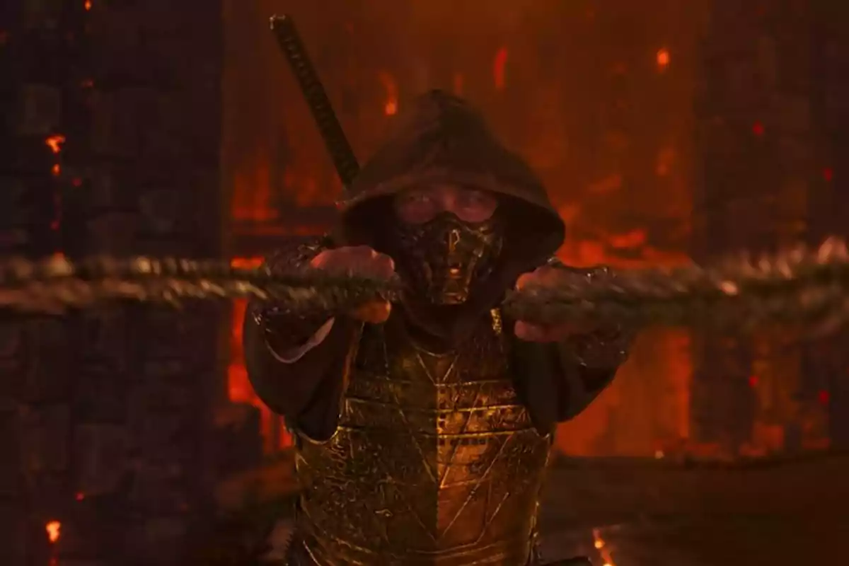 Masked warrior in golden armor and hood throwing a sharp-tipped rope in a dark, fiery environment Masked warrior in golden armor and hood throwing a sharp-tipped rope in a dark, fiery environment