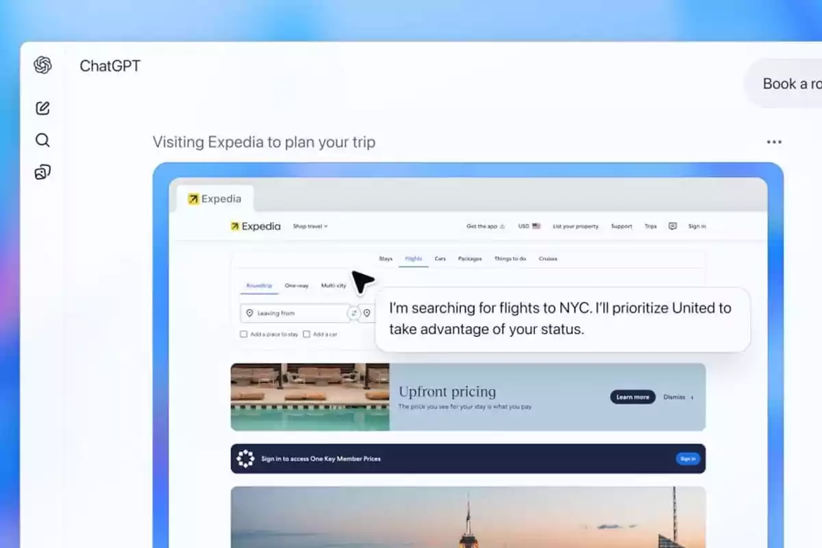 ChatGPT interface displaying a flight search on the Expedia page with a pop-up message indicating United flights to New York are prioritized ChatGPT interface displaying a flight search on the Expedia page with a pop-up message indicating United flights to New York are prioritized