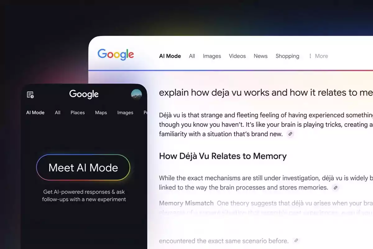 Interfaz de Google mostrando un nuevo modo de inteligencia artificial con una búsqueda sobre el déjà vu y su relación con la memoria Interfaz de Google mostrando un nuevo modo de inteligencia artificial con una búsqueda sobre el déjà vu y su relación con la memoria