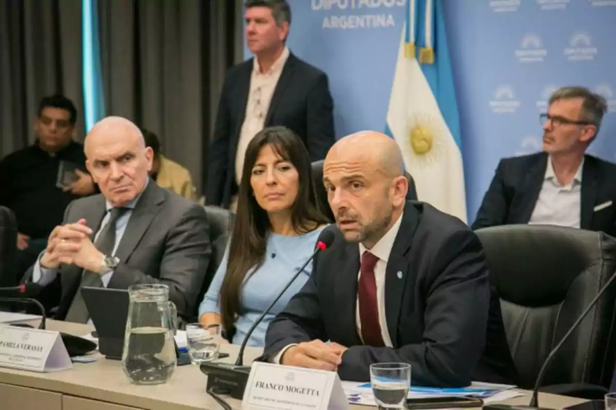 Personas sentadas en una mesa de reunión con micrófonos y carteles identificatorios, al fondo una bandera de Argentina y un cartel que dice Diputados Argentina