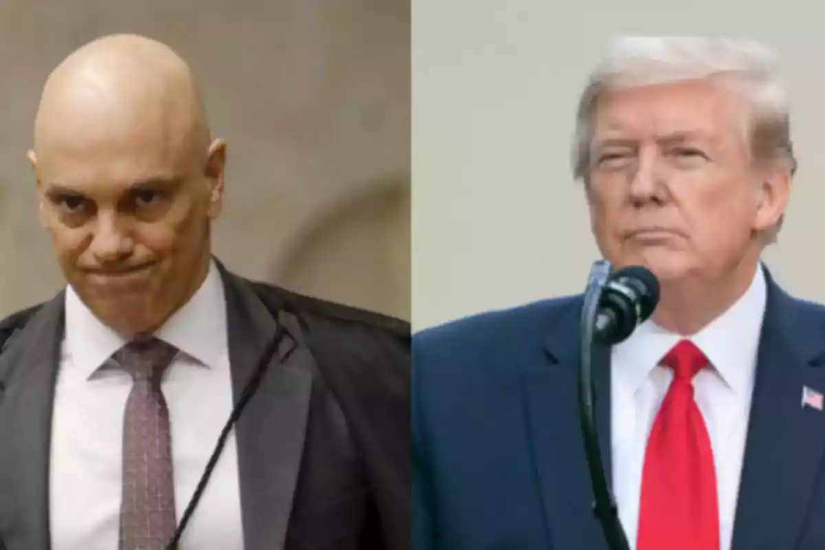 Two men in suits appear in a split image, a bald one with a serious expression on the left and a blond-haired one in front of a microphone on the right. Two men in suits appear in a split image, a bald one with a serious expression on the left and a blond-haired one in front of a microphone on the right.