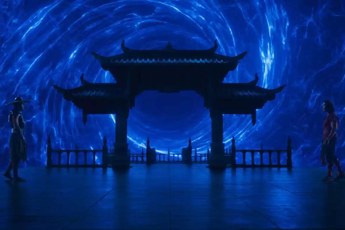 Two people face each other on a platform with a glowing blue portal in the background and an Asian-style structure in the center. Two people face each other on a platform with a glowing blue portal in the background and an Asian-style structure in the center.