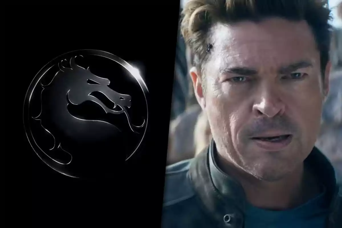 Logo de Mortal Kombat en fondo negro junto al rostro de un hombre de cabello claro con expresión seria