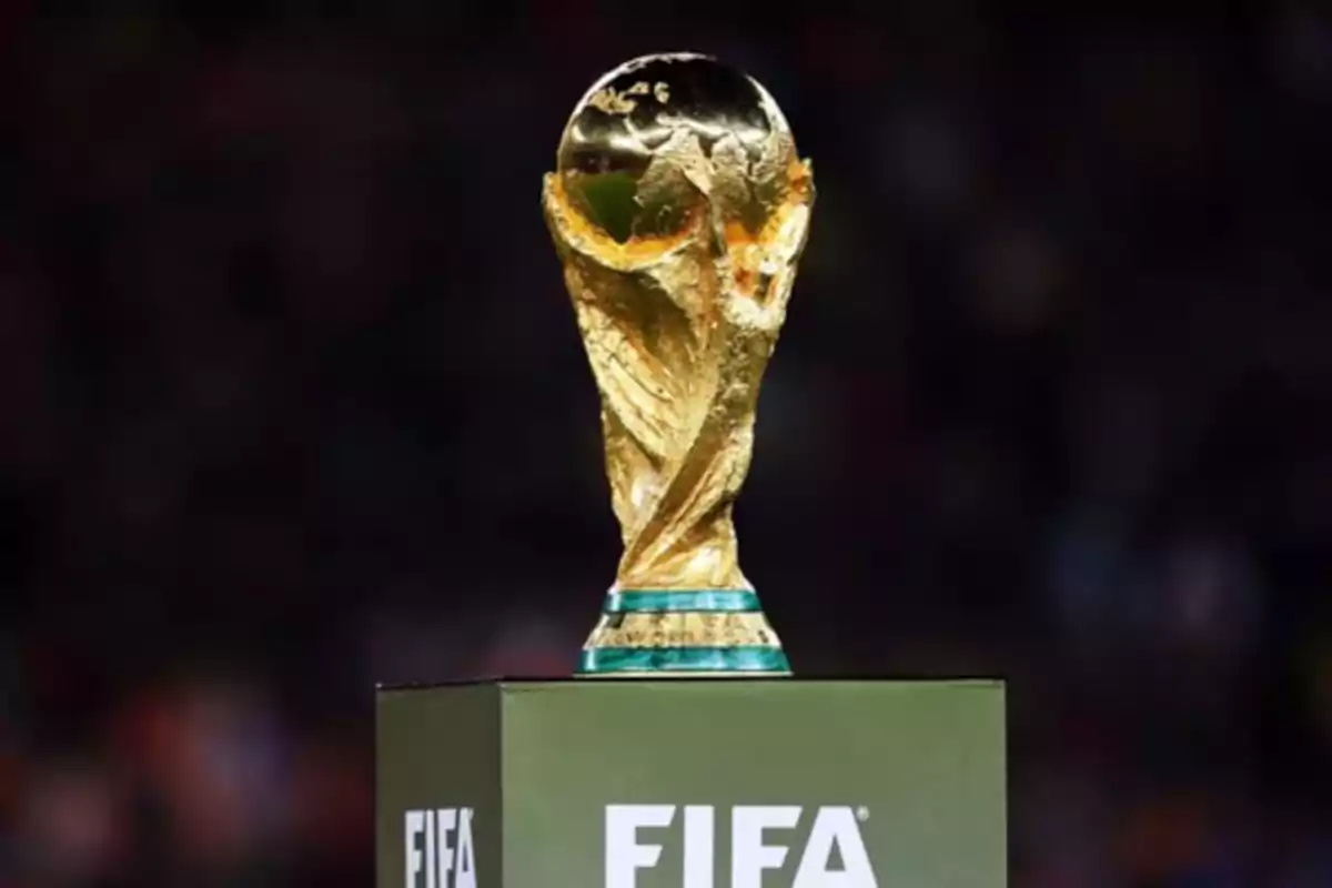 Trofeo de la Copa Mundial de la FIFA sobre un pedestal en un estadio