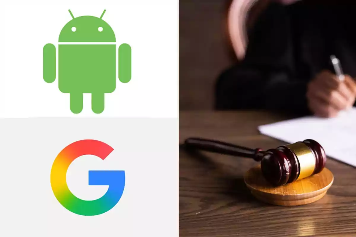Android and Google logos next to a judge’s gavel on a table
