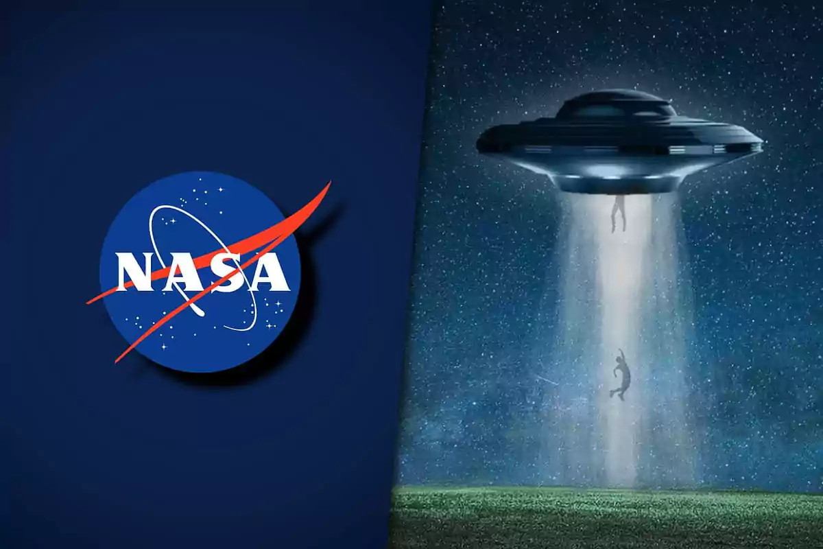 Logo de la NASA a la izquierda y una nave espacial abduciendo personas con un haz de luz a la derecha bajo un cielo estrellado