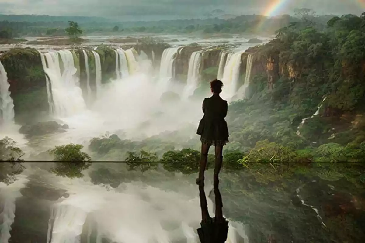 Persona de pie frente a una cascada impresionante rodeada de vegetación con un arcoíris en el cielo y su reflejo en el agua Persona de pie frente a una cascada impresionante rodeada de vegetación con un arcoíris en el cielo y su reflejo en el agua