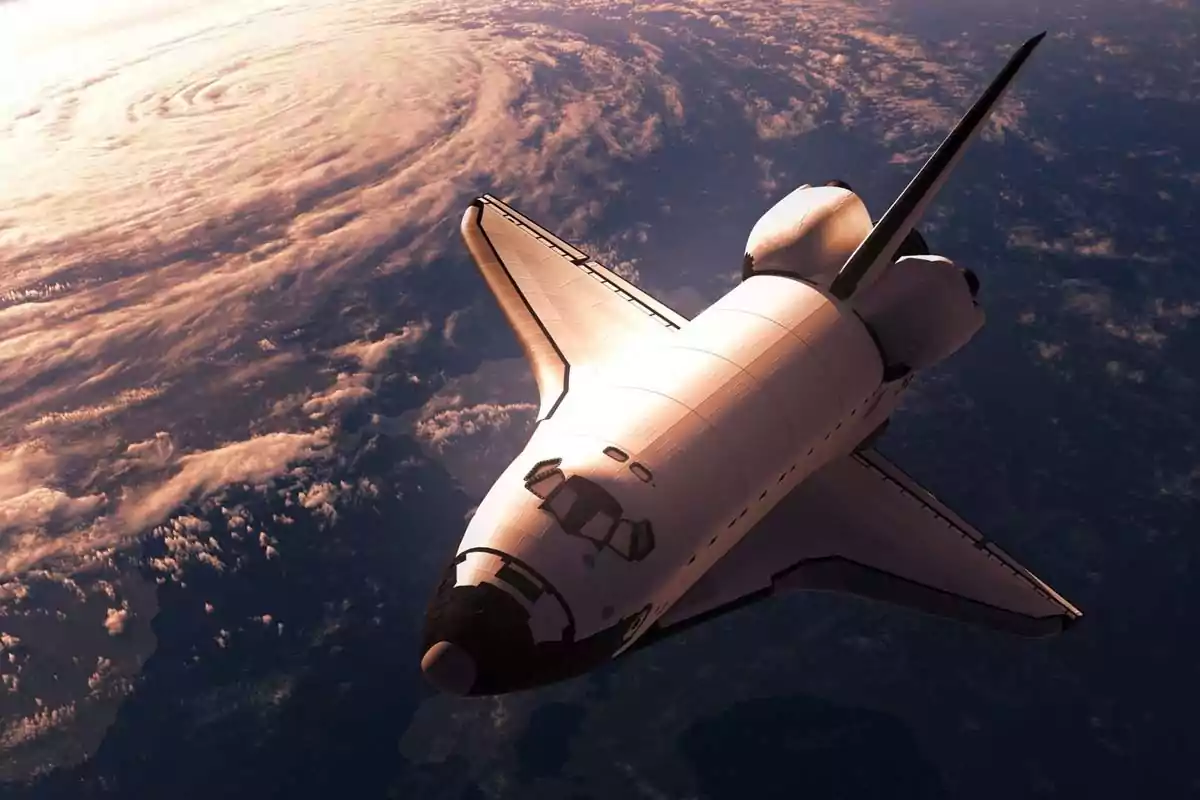 Space shuttle orbiting the Earth with clouds and the planet in the background Space shuttle orbiting the Earth with clouds and the planet in the background