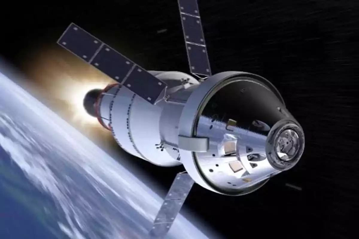 Spaceship orbiting the Earth with deployed solar panels and space in the background Spaceship orbiting the Earth with deployed solar panels and space in the background