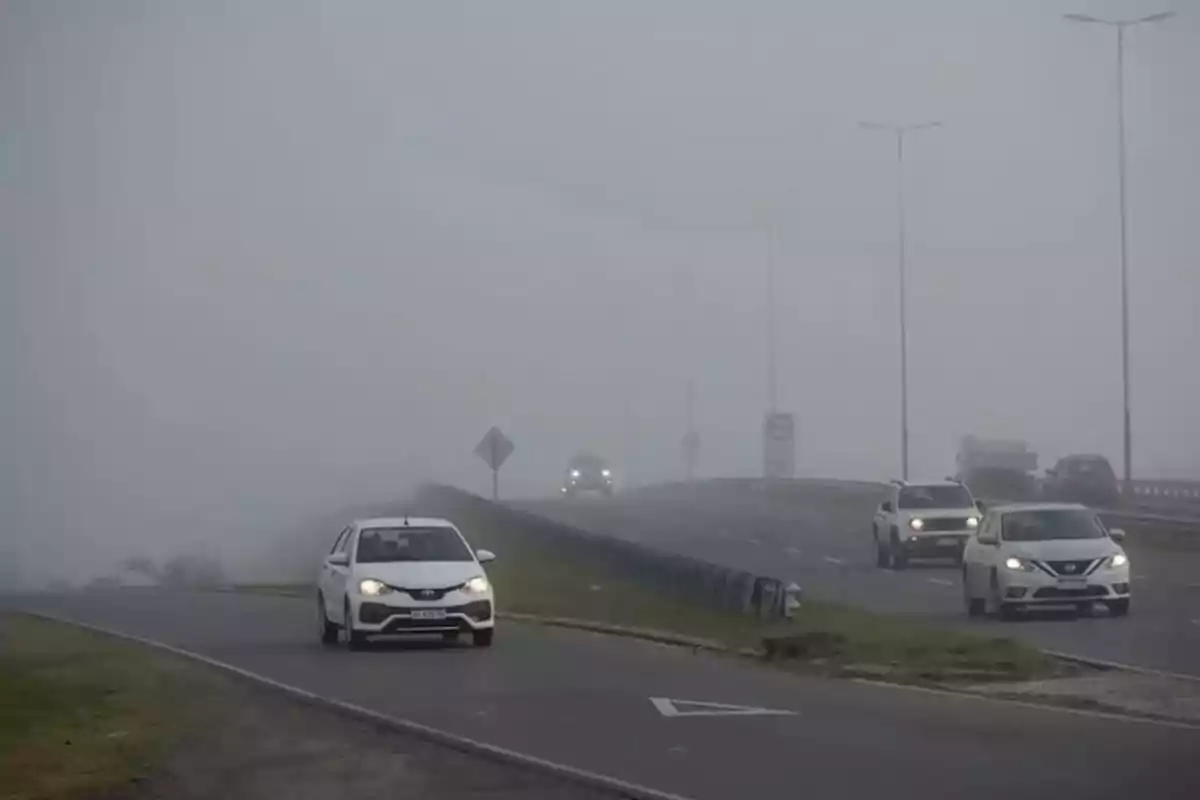 Several cars are driving on a highway with heavy fog that reduces visibility. Several cars are driving on a highway with heavy fog that reduces visibility.