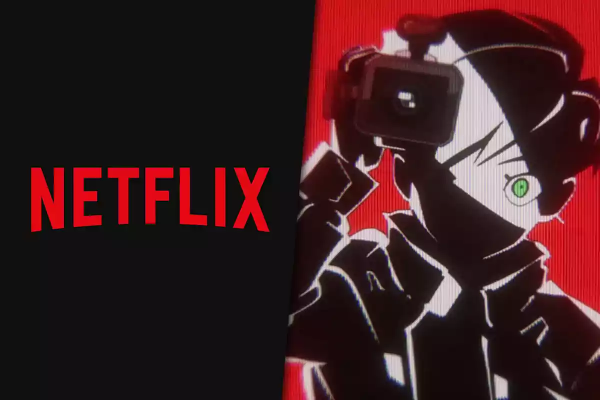 Logo de Netflix junto a un personaje de anime con fondo rojo y negro