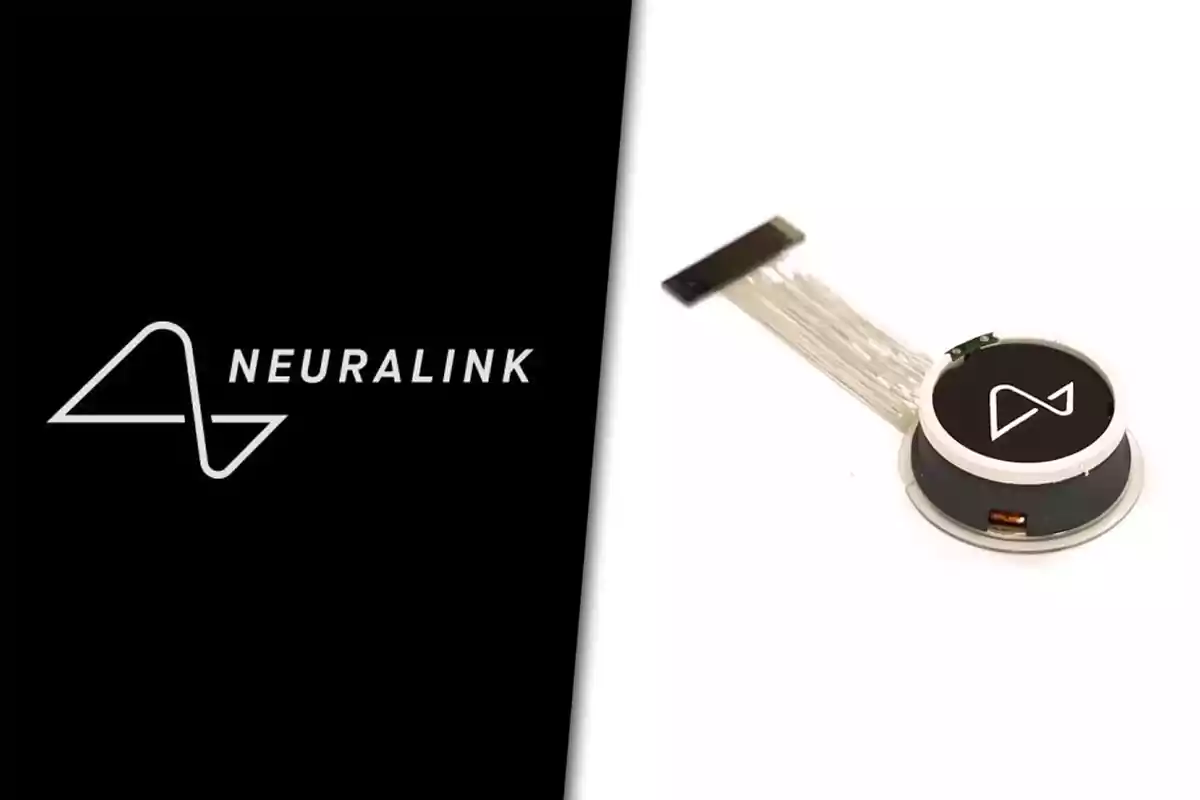 Logotipo de Neuralink junto a un dispositivo circular con cables finos sobre fondo blanco y negro