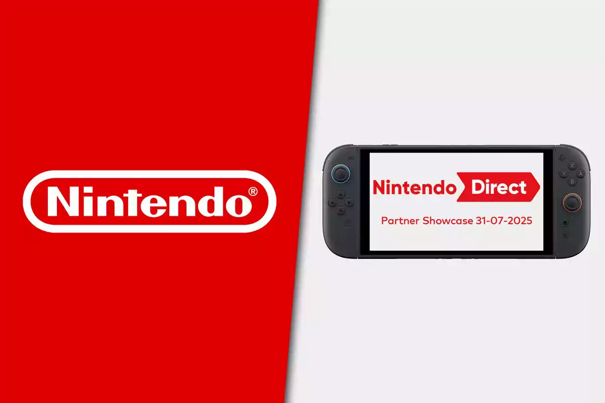 Nintendo logo on the left and a handheld console on the right displaying a Nintendo Direct Partner Showcase announcement with the date 07-31-2025 on the screen