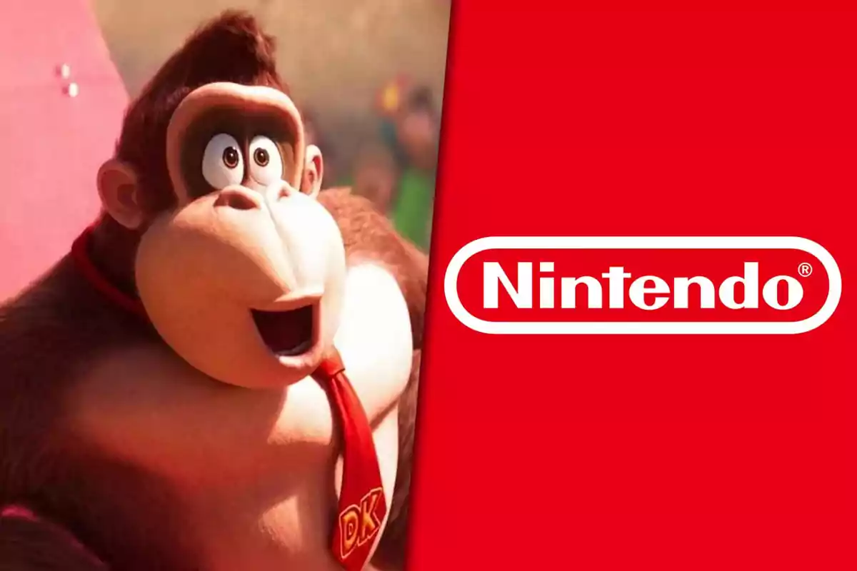 Gorila animado con corbata roja y la palabra Nintendo sobre fondo rojo