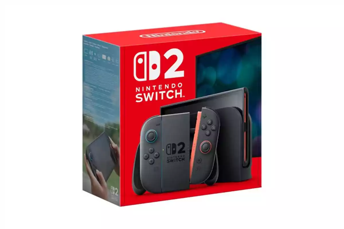 Box of a Nintendo Switch 2 console with Joy-Con controllers and charging dock in black and red colors Box of a Nintendo Switch 2 console with Joy-Con controllers and charging dock in black and red colors