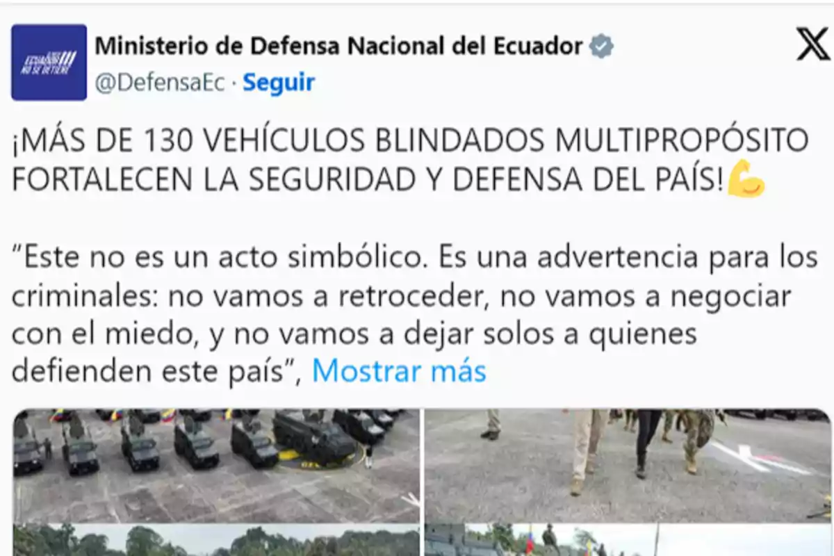 Publication from the Ministry of National Defense of Ecuador announcing the incorporation of more than 130 multipurpose armored vehicles to strengthen the country’s security and defense, accompanied by images of the vehicles and military personnel. Publication from the Ministry of National Defense of Ecuador announcing the incorporation of more than 130 multipurpose armored vehicles to strengthen the country’s security and defense, accompanied by images of the vehicles and military personnel.