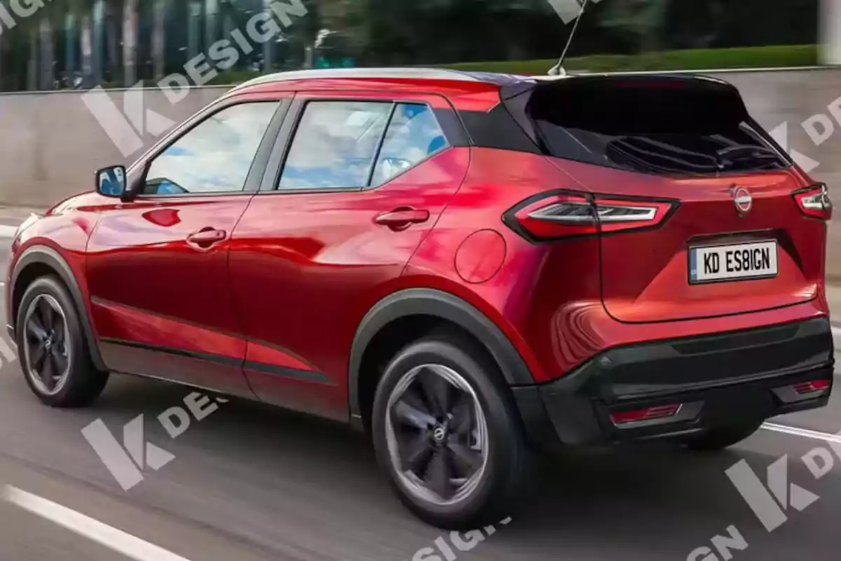 Red compact SUV driving on a road with a blurred urban background Red compact SUV driving on a road with a blurred urban background