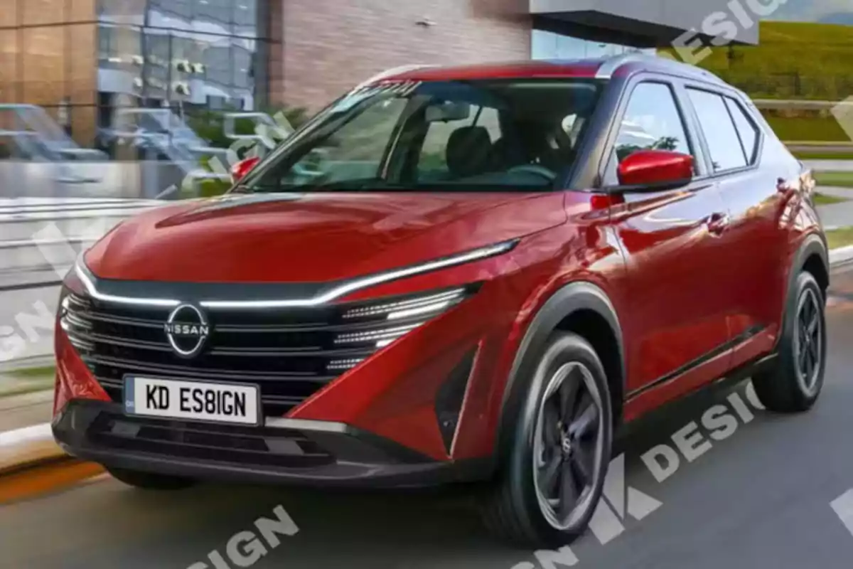 Red Nissan SUV driving on an urban street with modern buildings in the background Red Nissan SUV driving on an urban street with modern buildings in the background