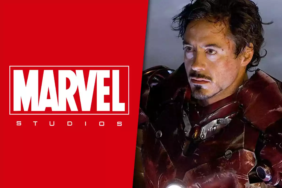 Logo de Marvel Studios junto a un hombre con armadura metálica roja y expresión seria