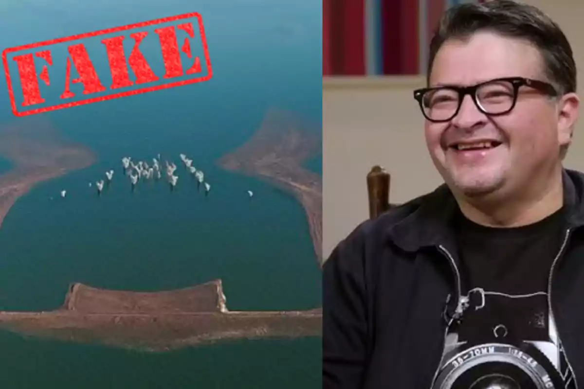 Imagen dividida en dos partes, a la izquierda una foto aérea de un lago con la palabra FAKE en rojo y a la derecha un hombre con gafas sonriendo.