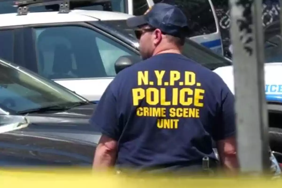 Agente de la unidad de escena del crimen de la policía de Nueva York de espaldas en una zona acordonada con patrullas alrededor Agente de la unidad de escena del crimen de la policía de Nueva York de espaldas en una zona acordonada con patrullas alrededor