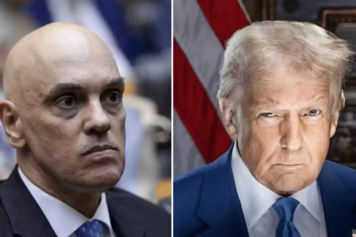 Two men in suits looking forward, one bald and the other with blond hair, with a flag in the background.