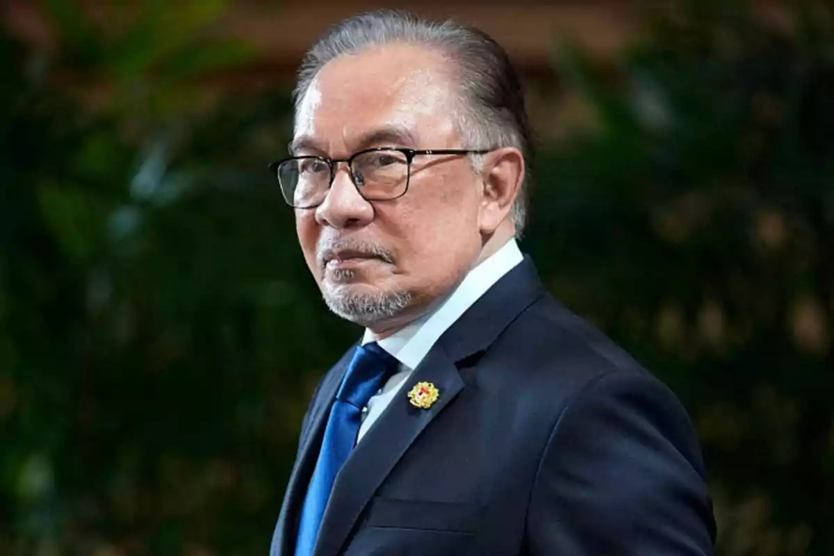 Gray-haired man with glasses wearing a dark blue suit and blue tie with a blurred plant background Gray-haired man with glasses wearing a dark blue suit and blue tie with a blurred plant background