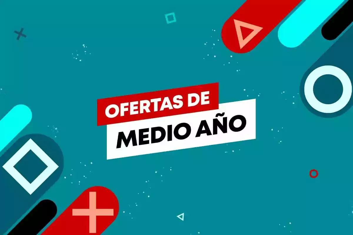 Imagen con fondo azul y figuras geométricas de colores que muestra el texto Ofertas de medio año Imagen con fondo azul y figuras geométricas de colores que muestra el texto Ofertas de medio año
