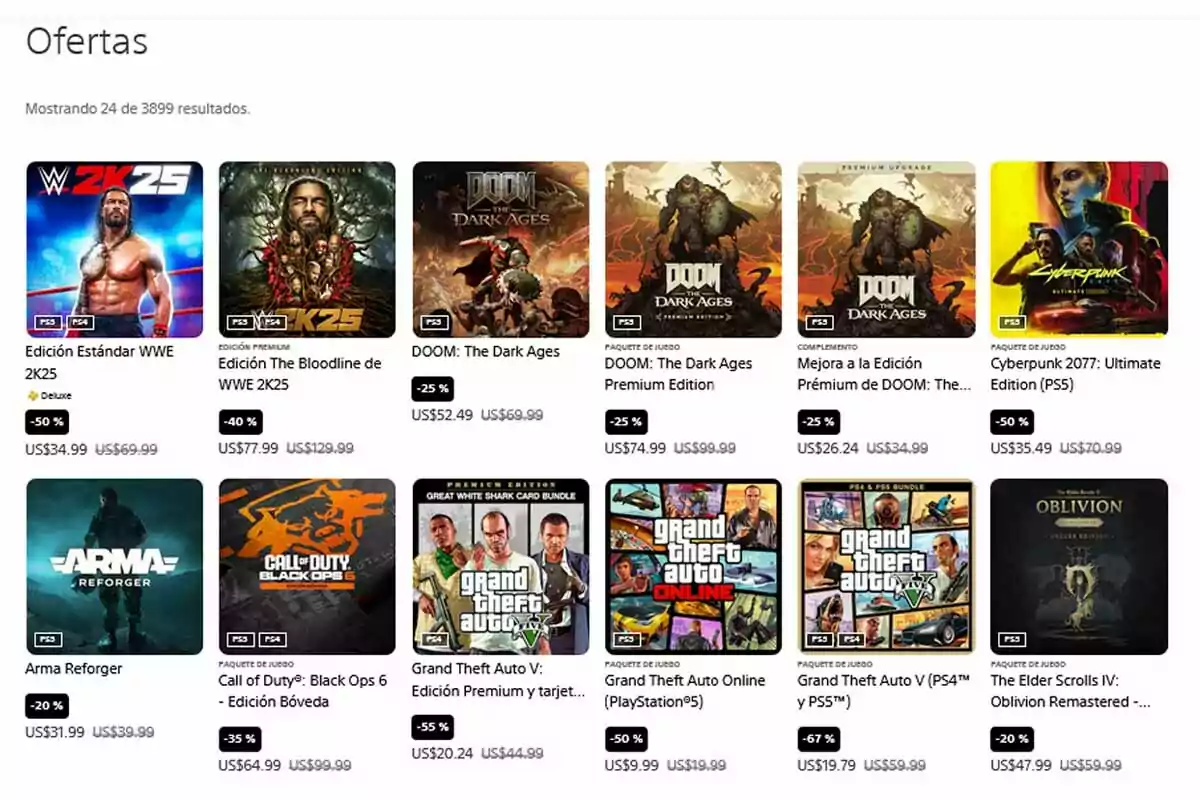 Página de ofertas de videojuegos con descuentos en títulos populares como WWE 2K25, DOOM The Dark Ages, Cyberpunk 2077, Arma Reforger, Call of Duty Black Ops 6, Grand Theft Auto V y The Elder Scrolls IV Oblivion Remastered para PlayStation 5 Página de ofertas de videojuegos con descuentos en títulos populares como WWE 2K25, DOOM The Dark Ages, Cyberpunk 2077, Arma Reforger, Call of Duty Black Ops 6, Grand Theft Auto V y The Elder Scrolls IV Oblivion Remastered para PlayStation 5