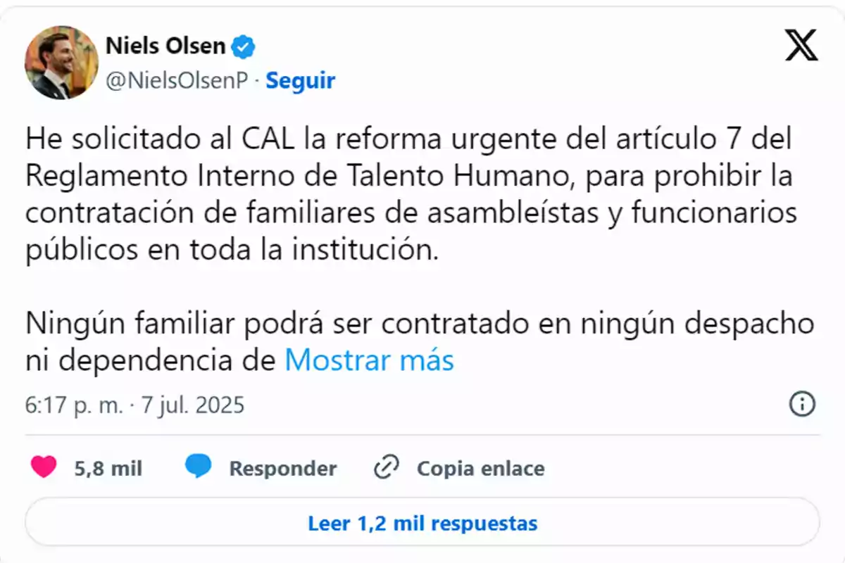 Post on social network X where Niels Olsen reports that he has requested a reform to prohibit the hiring of relatives of assembly members and public officials in the institution Post on social network X where Niels Olsen reports that he has requested a reform to prohibit the hiring of relatives of assembly members and public officials in the institution