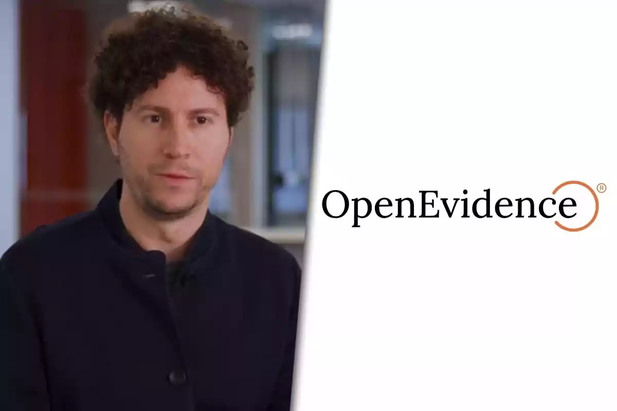 Curly-haired man with a dark jacket next to the OpenEvidence logo on a white background
