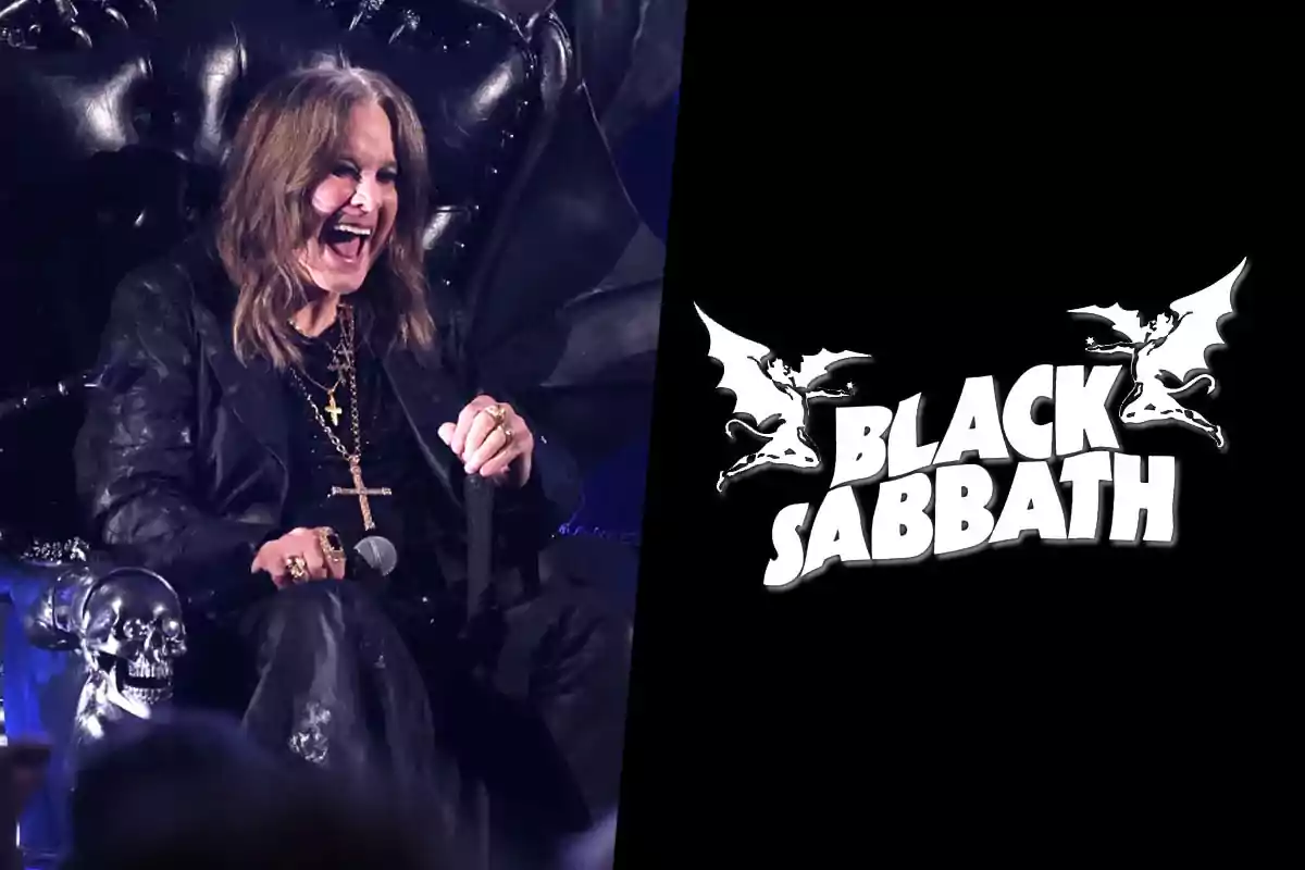 A man with long hair and dark clothing smiles while sitting in an armchair decorated with skulls, next to a black background with the Black Sabbath logo in white letters and winged demon figures.