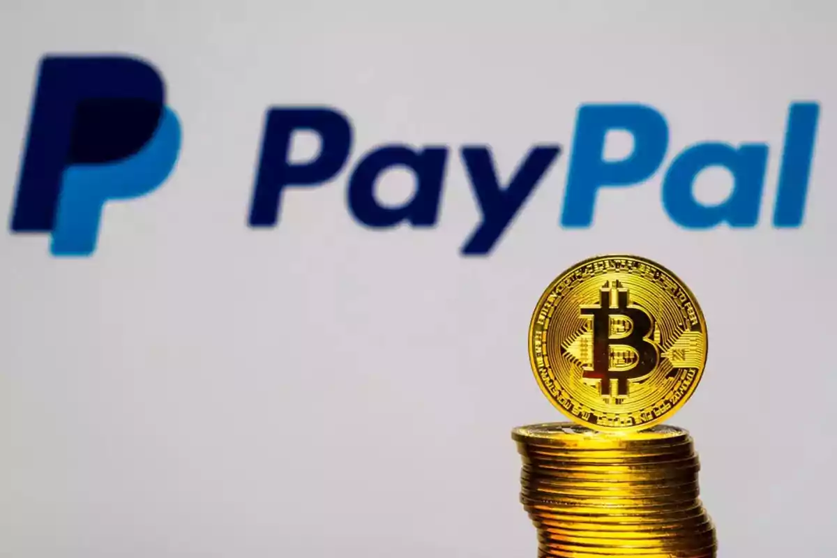Moneda dorada de bitcoin sobre una pila de monedas frente al logo de PayPal desenfocado Moneda dorada de bitcoin sobre una pila de monedas frente al logo de PayPal desenfocado