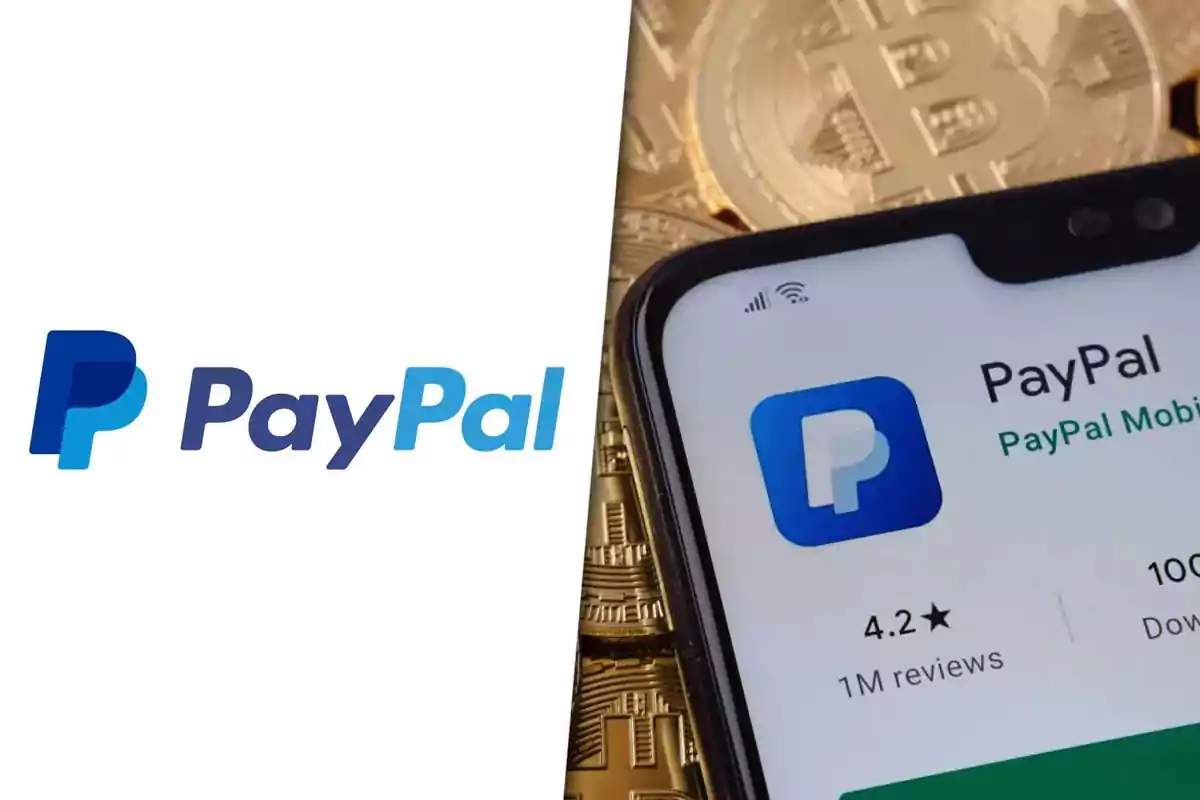 Logo de PayPal junto a un teléfono móvil que muestra la aplicación de PayPal con monedas de bitcoin de fondo