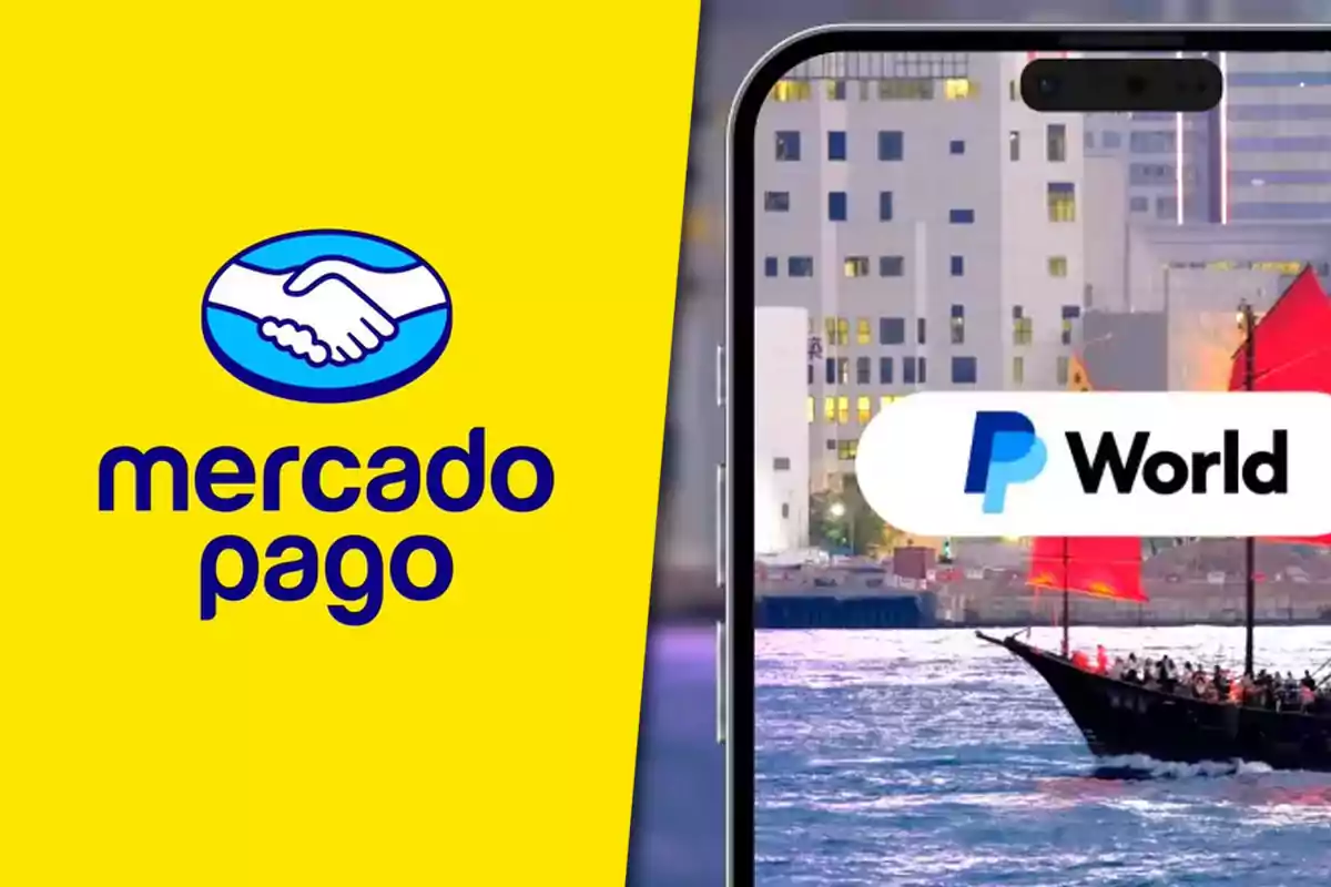 Mercado Pago logo on a yellow background next to a mobile phone displaying the PayPal World logo in front of an urban landscape with water and a boat with red sails.