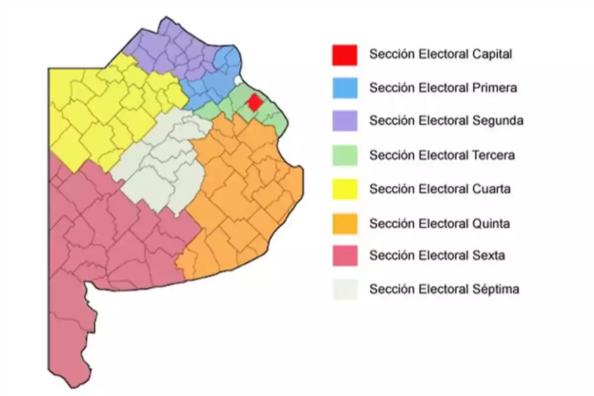Map of the province of Buenos Aires divided into electoral sections, each identified with a different color according to the legend located on the right. Map of the province of Buenos Aires divided into electoral sections, each identified with a different color according to the legend located on the right.